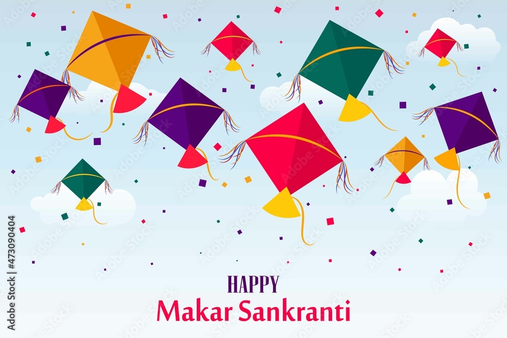 Happy Makar Sankranti, Colorful flying kites for Makar Sankranti festival Banner  Poster Vector Illustration Sky Background Stock Vector | Adobe Stock