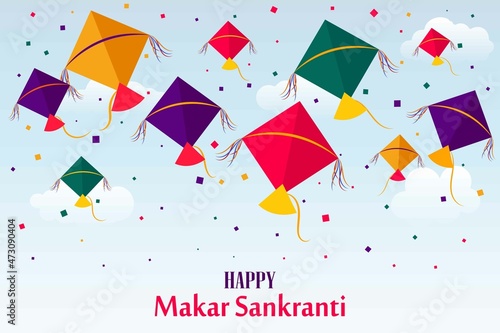  Happy Makar Sankranti, Colorful flying kites for Makar Sankranti festival Banner Poster Vector Illustration Sky Background