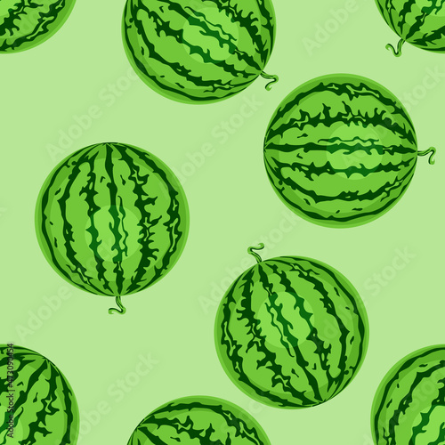 Watermelons seamless vector pattern. Cartoon flat illustration. Fruit green background.
