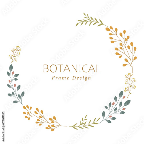 Oval botanical frame design with leaves and berry branches. Hand drawn vector illustration.