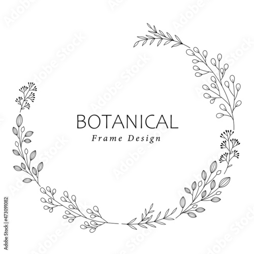 Oval botanical frame design with leaves and berry branches. Hand drawn line art, vector illustration.