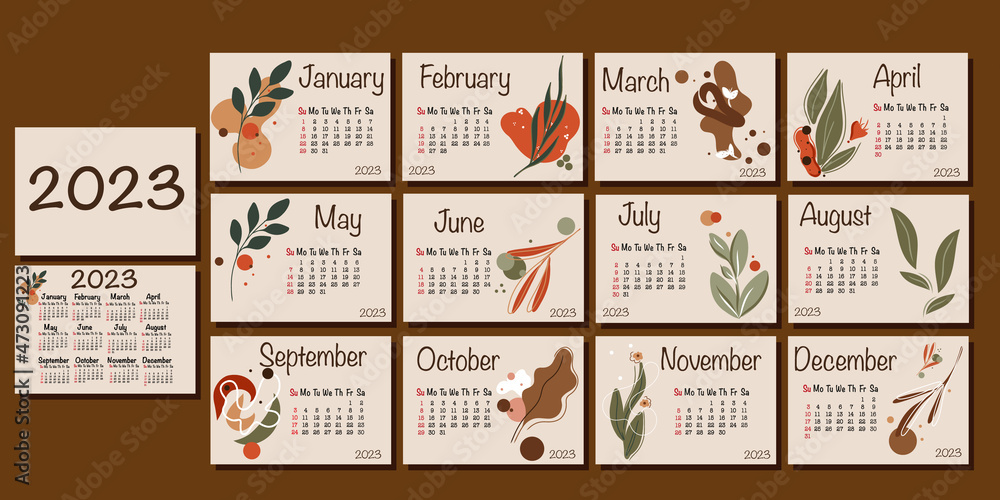 Doodle Calendar 2023 Calendar For 2023 In English. Set. Week Starts On Sunday. Trendy Abstract  Shapes With Hand-Drawn Graphics. Doodle. Horizontal Editable Vector  Template. Eps 10. A6, A4, A3, A2. Stock Vector | Adobe Stock