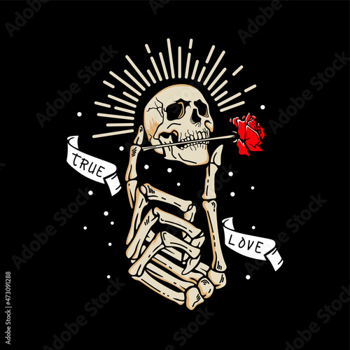 vintage skeleton hand holding skull head