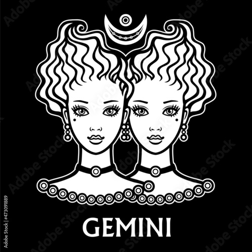 Zodiac sign Gemini. Fantastic princess, animation portrait. Vector monochrome illustration isolated on a black background.