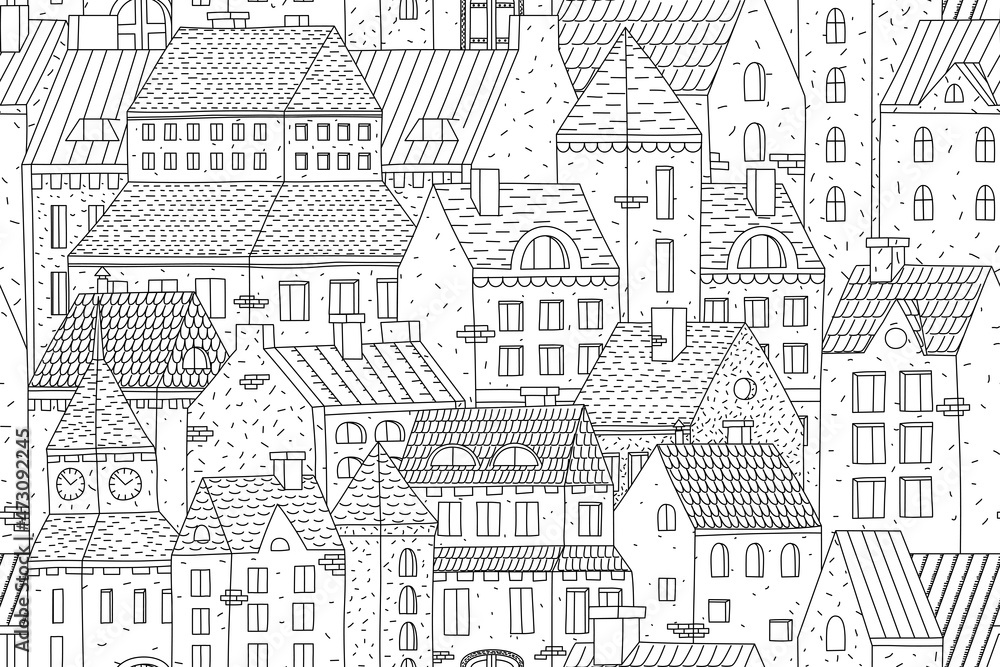Hand-drawn vector seamless background with townhouses. European buildings in one color. Stock vector background.