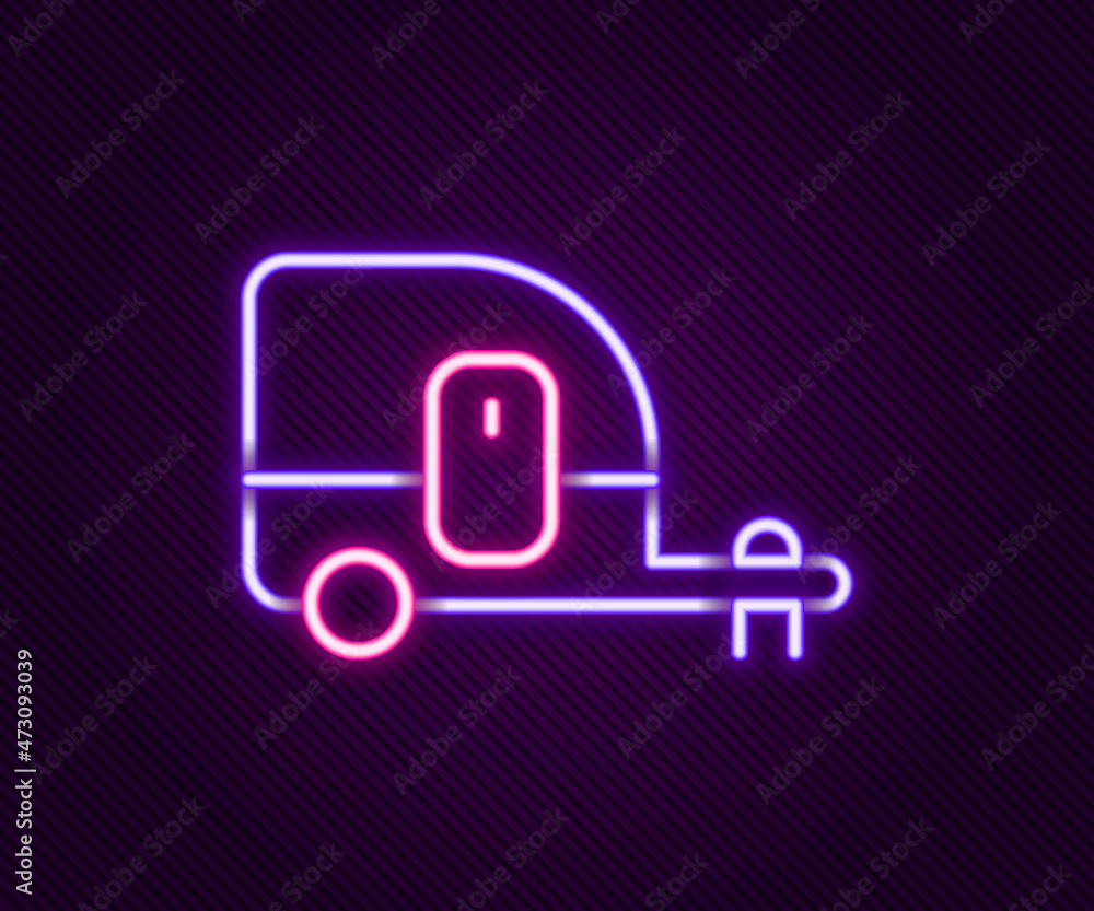 Glowing neon line Rv Camping trailer icon isolated on black background. Travel mobile home, caravan, home camper for travel. Colorful outline concept. Vector Glowing neon line Rv Camping trailer icon isolated on black background. Travel mobile home, caravan, home camper for travel. Colorful outline concept. Vector
