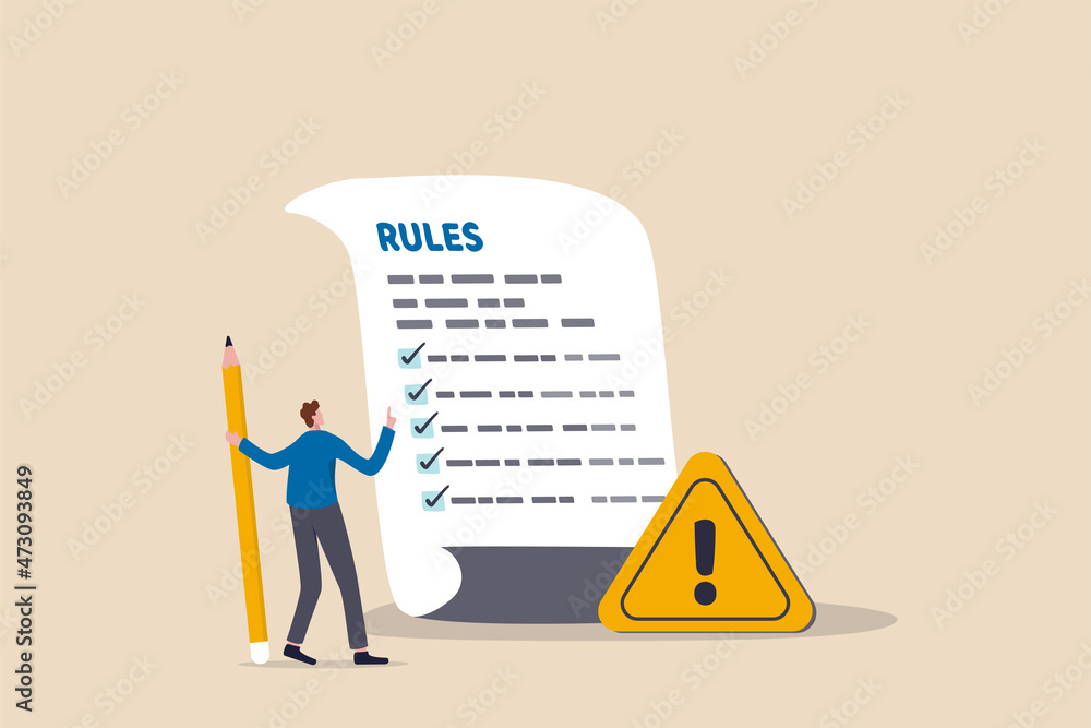 Rules and regulations, policy and guideline for employee to follow, legal term, corporate compliance or laws, standard procedure concept, businessman finish writing rules and regulations document. - obrazy, fototapety, plakaty 
