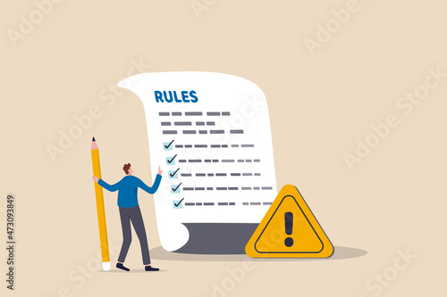 Rules and regulations, policy and guideline for employee to follow, legal term, corporate compliance or laws, standard procedure concept, businessman finish writing rules and regulations document.