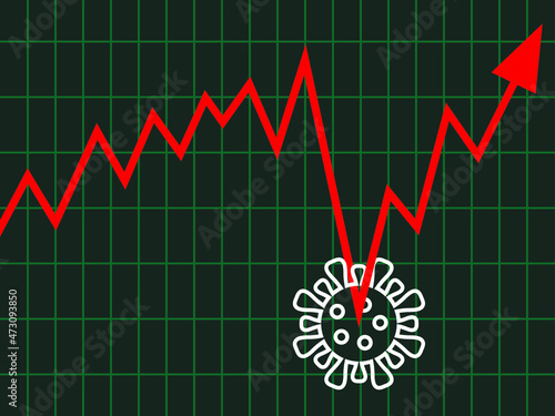 Vector graphics - financial market fluctuations - ups and downs with a coronavirus molecule pressing down the arrow. Concept - adaptation of stock exchanges to modern conditions