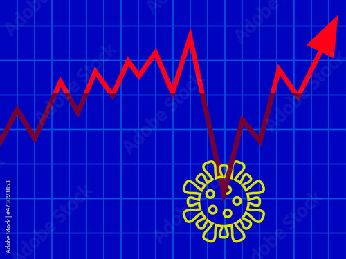 Vector graphics - financial market fluctuations - ups and downs with a coronavirus molecule pressing down the arrow on blue background. Concept - adaptation of stock exchanges to modern conditions