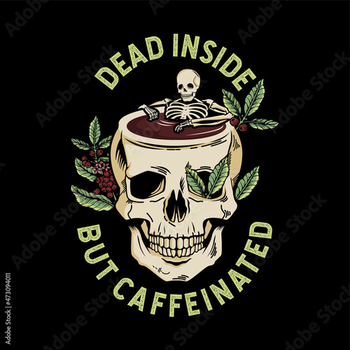 a skeleton bathing at the coffee liquid