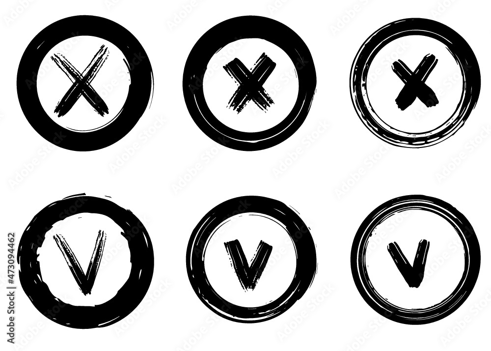 Tick and cross vector signs. Dry brush strokes, hand drawn Tick and cross vector signs. Dry brush strokes, hand drawn