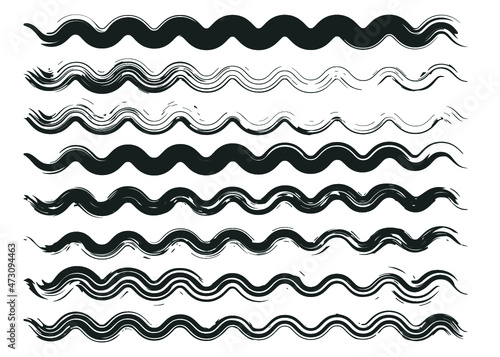 Grunge curve paint brush strokes set, vector, isolated