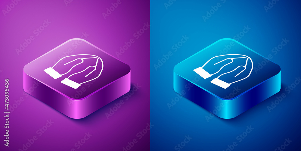 Isometric Hands in praying position icon isolated on blue and purple background. Prayer to god with faith and hope. Square button. Vector Isometric Hands in praying position icon isolated on blue and purple background. Prayer to god with faith and hope. Square button. Vector