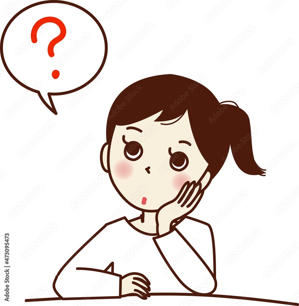 ほおに手を当て、考え事をする若い女性。 ほおに手を当て、考え事をする若い女性。