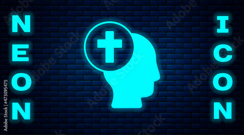 Glowing neon Priest icon isolated on brick wall background. Vector