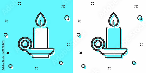 Black line Burning candle in candlestick icon isolated on green and white background. Cylindrical candle stick with burning flame. Random dynamic shapes. Vector