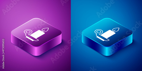 Isometric Burning candle in candlestick icon isolated on blue and purple background. Cylindrical candle stick with burning flame. Square button. Vector