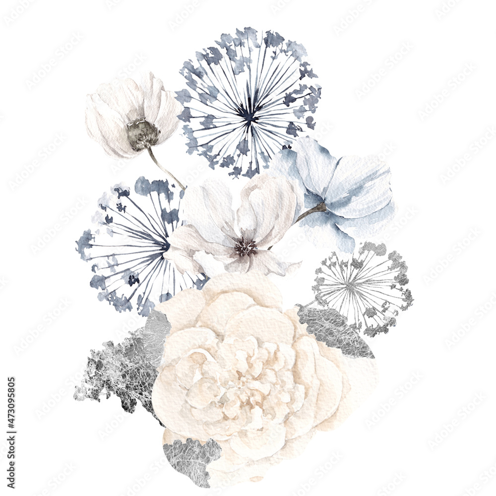 Watercolor illustration with frozen winter flowers and leaves, silver snowflakes, isolated on white background Watercolor illustration with frozen winter flowers and leaves, silver snowflakes, isolated on white background