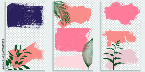 Social media covers with simple design elements . Boho style . Leaves . Post frame stories templates.  Layout for promotion .Media banner .Vector