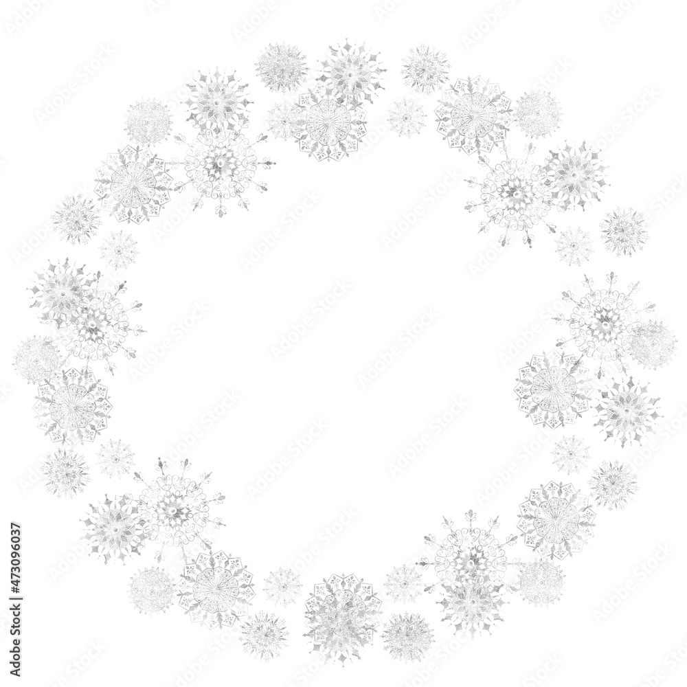 Watercolor wreath with frozen floral and snowflakes, isolated on white background