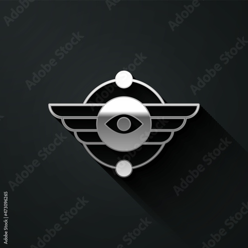 Silver Egyptian symbol Winged sun icon isolated on black background. Long shadow style. Vector