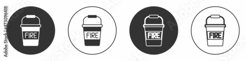 Black Fire bucket icon isolated on white background. Metal bucket empty or with water for fire fighting. Circle button. Vector