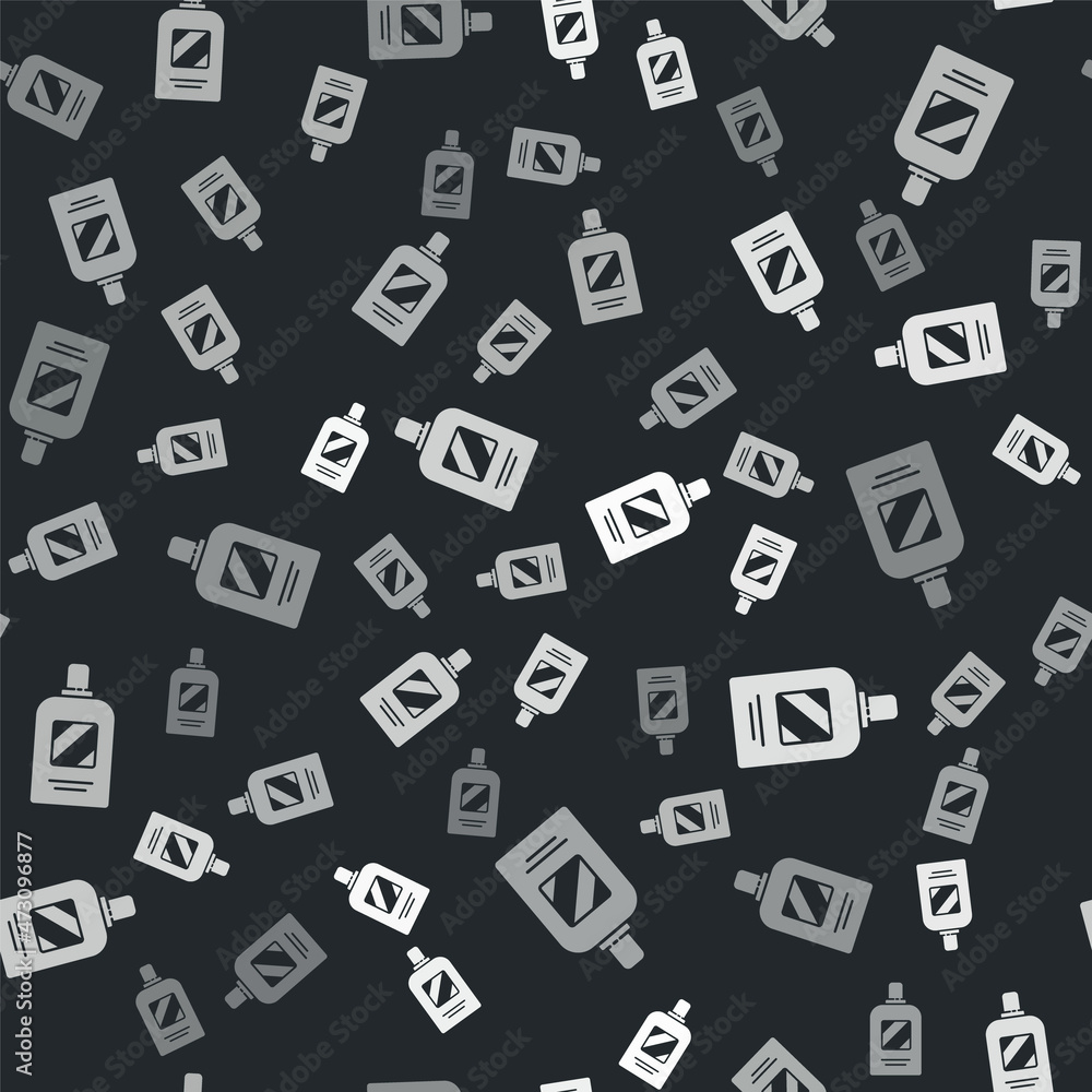 Grey Bottle of shampoo icon isolated seamless pattern on black background. Vector Illustration