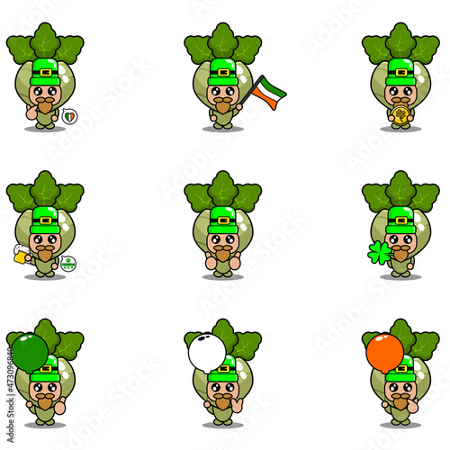 vector cartoon character mascot costume kohlrabi vegetable set bundle St patrick's day