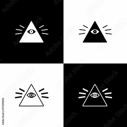 Set Masons symbol All-seeing eye of God icon isolated on black and white background. The eye of Providence in the triangle. Vector Illustration