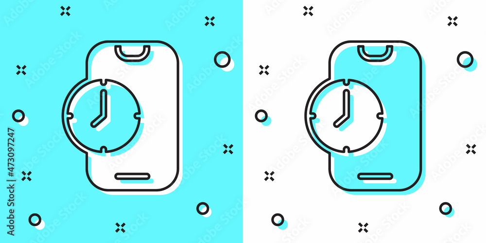 Black line Alarm clock app smartphone interface icon isolated on green and white background. Random dynamic shapes. Vector Black line Alarm clock app smartphone interface icon isolated on green and white background. Random dynamic shapes. Vector