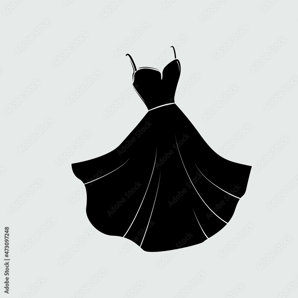 © Liubov - Black dress icon. Silhouette of an elegant women's evening dress with a wide skirt and thin straps. Vector illustration isolated