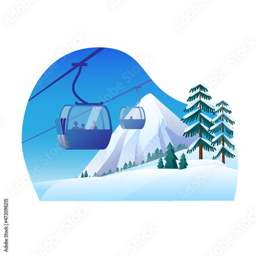 Beautiful mountain landscape in delicate shades. Image of a funicular on the background of a mountain winter landscape. Vector illustration.