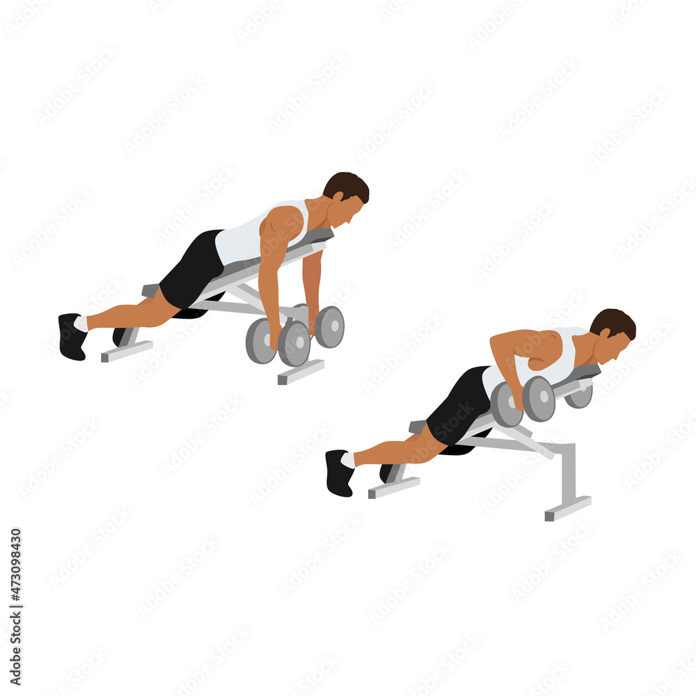 Man character doing Dumbbell incline bench rows exercise. flat vector illustration isolated on different layers