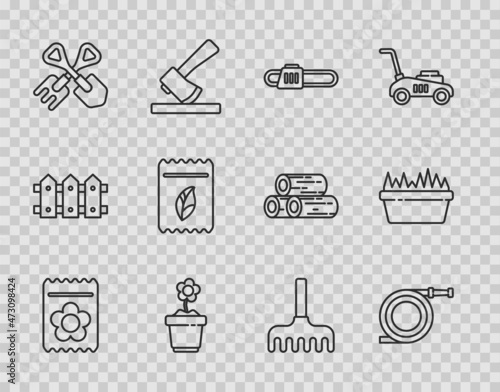 Set line Pack full of seeds of plant, Garden hose or fire hose, Chainsaw, Flower pot, Shovel and rake, and Fresh grass rectangular icon. Vector