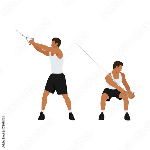 Man character doing Downward cable wood chops exercise. flat vector illustration isolated on different layers