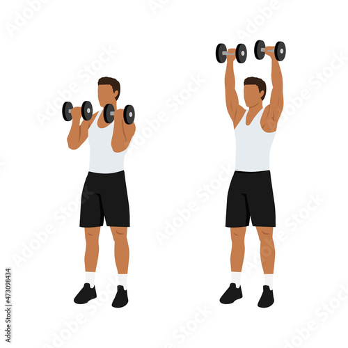Man doing Arnold press exercise. Flat vector illustration isolated on white background