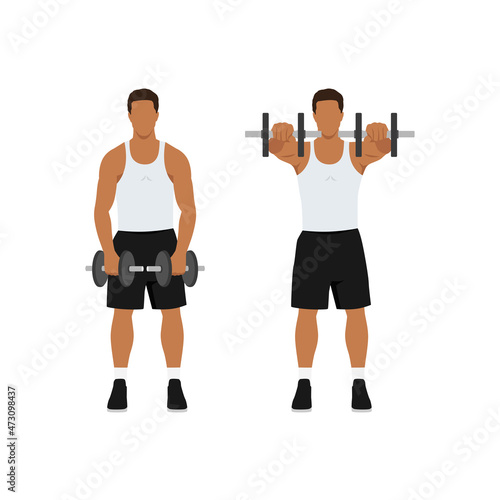 Man doing Two arm dumbbell front shoulder raises exercise. Flat vector illustration isolated on white background