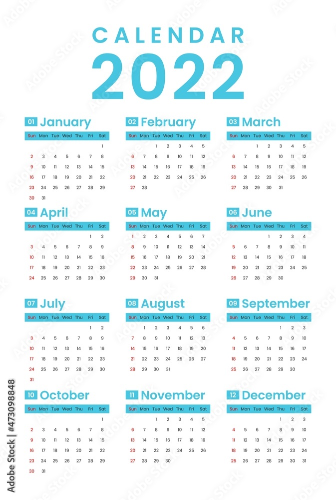 Calendar 2022 From Set from January to December. Week Start on Sunday. Wall Calendar Minimalist