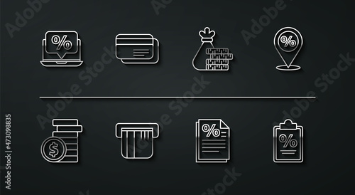 Set line Percent discount and laptop, Coin money with dollar, Location percent, Finance document, Credit card, and Money bag coin icon. Vector