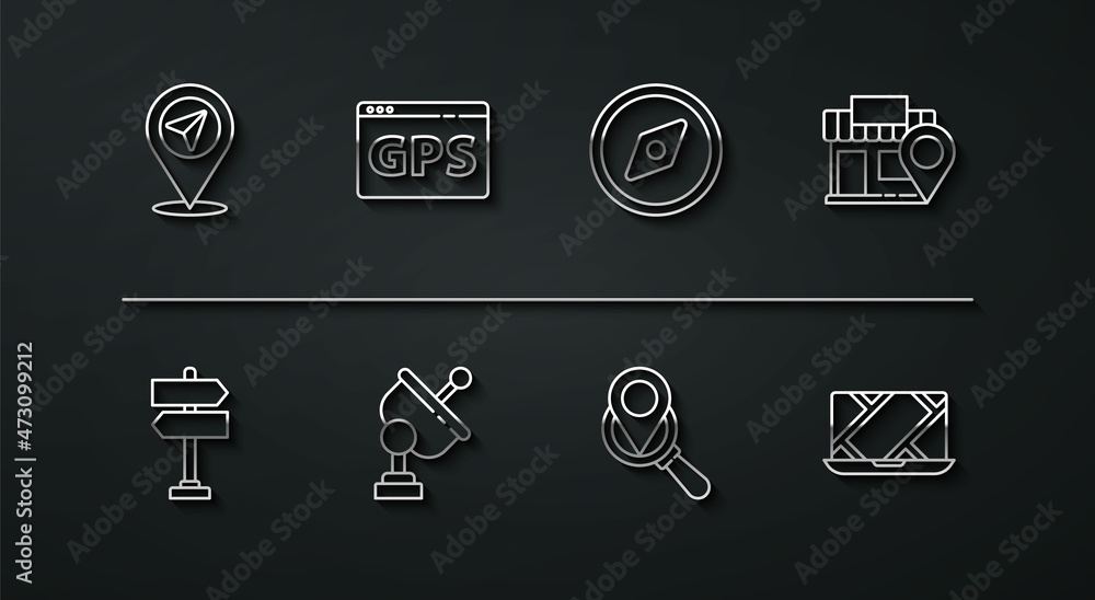 Set line Location, Road traffic sign, with store, Search location, Radar, Gps device map, City navigation and Compass icon. Vector Set line Location, Road traffic sign, with store, Search location, Radar, Gps device map, City navigation and Compass icon. Vector