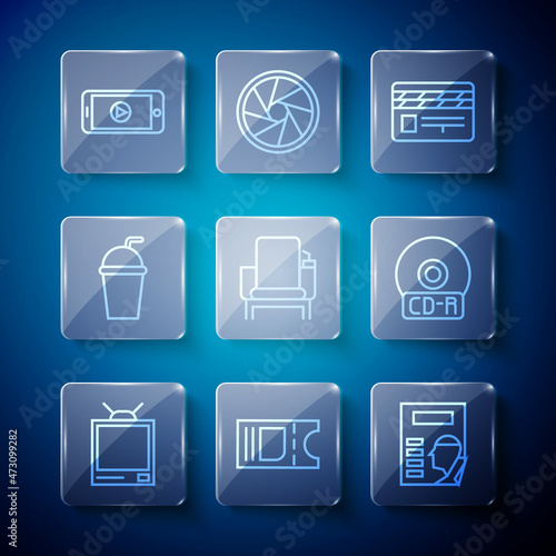 Set line Retro tv, Cinema ticket, poster, Movie clapper, chair, Paper glass with straw, Online play video and CD or DVD disk icon. Vector