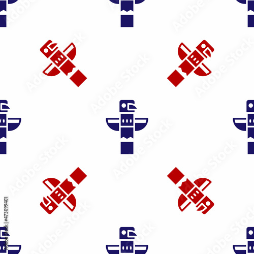 Blue and red Canadian totem pole icon isolated seamless pattern on white background. Vector