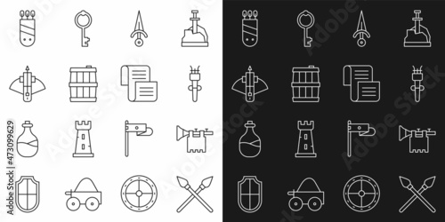 Set line Crossed medieval spears, Trumpet with flag, Torch flame, Dagger, Wooden barrel, Battle crossbow arrow, Quiver arrows and Decree, parchment, scroll icon. Vector