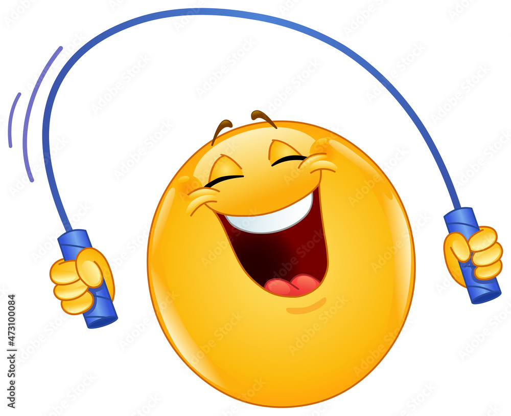 Vetor de Happy emoji emoticon skipping with a jump rope do Stock