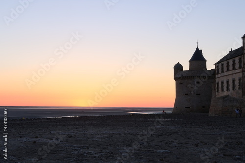 Mont saint michel architecture panoramic beautiful postcard view at Dusk in Summer Low Tide, France © jackdreamhd