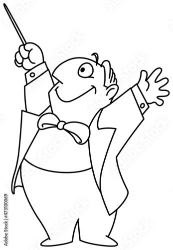Happy chubby music conductor composer man holding his arms and baton up. Vector line art illustration coloring page.