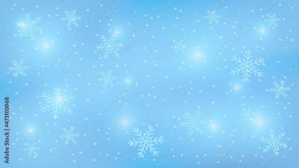 Christmas background, blue shiny surface  with snowflakes and lighting. 