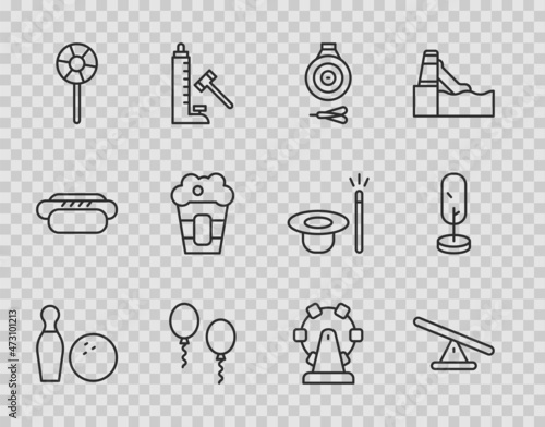 Set line Bowling pin and ball, Seesaw, Classic dart board arrow, Balloons, Lollipop, Popcorn box, Ferris wheel and Tree icon. Vector