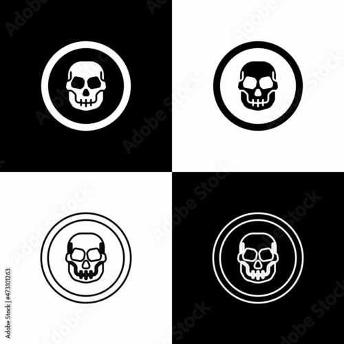 Set Mexican skull coin icon isolated on black and white background. Vector